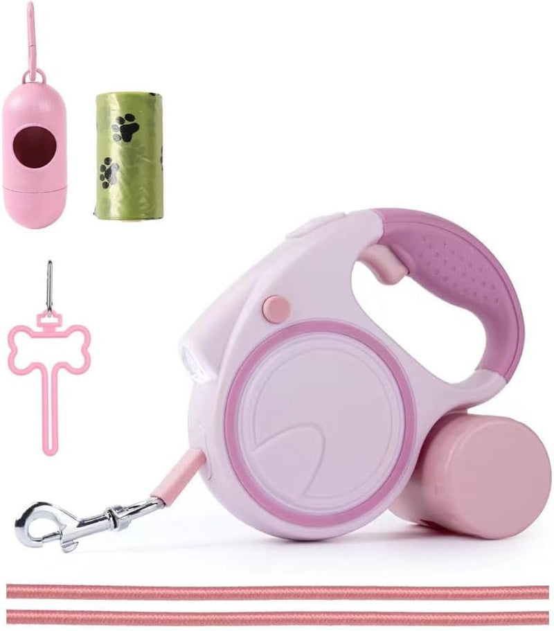 Pink Retractable Dog Leash Set | Leash, LED Light & Poop Bag Dispenser Bundle