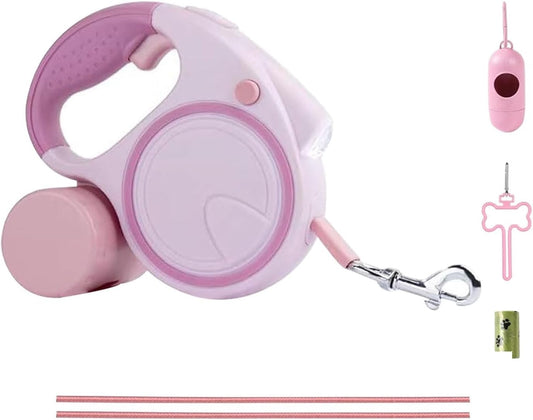 Pink Retractable Dog Leash Set | Leash, LED Light & Poop Bag Dispenser Bundle
