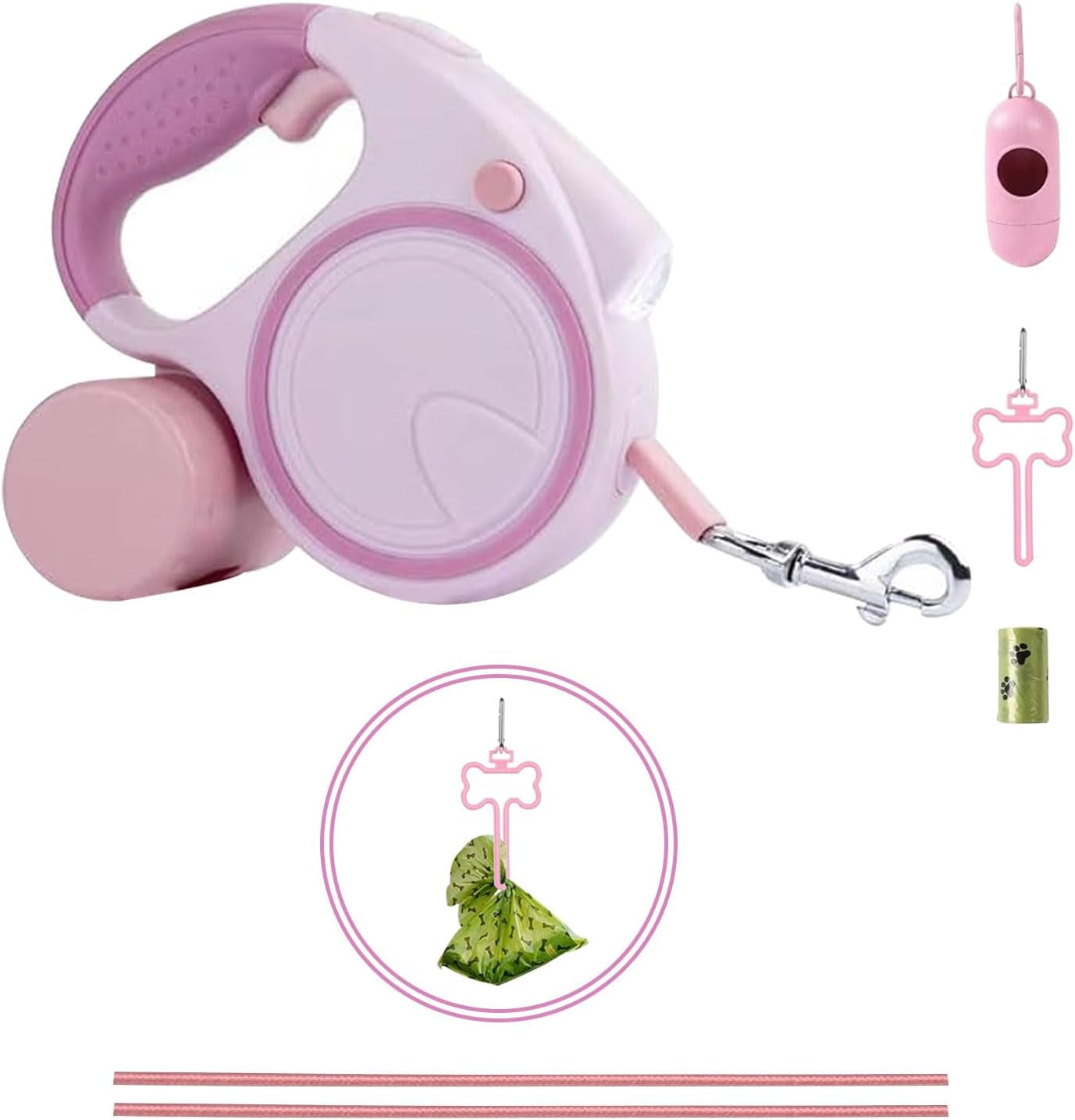 Pink Retractable Dog Leash Set | Leash, LED Light & Poop Bag Dispenser Bundle