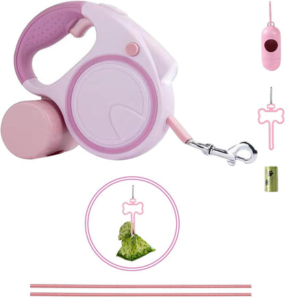Pink Retractable Dog Leash Set | Leash, LED Light & Poop Bag Dispenser Bundle