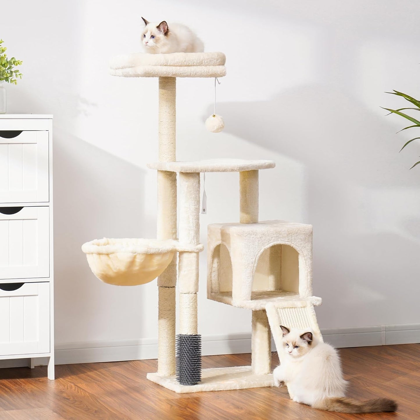 Cat Tree Tower with Grooming Brush | Multi-Level Cat Condo with Plush Perch & Scratching Post