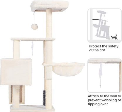 Cat Tree Tower with Grooming Brush | Multi-Level Cat Condo with Plush Perch & Scratching Post
