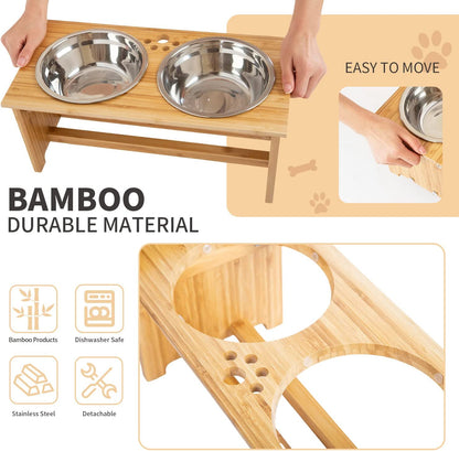 Elevated Pet Bowl Set | Bamboo Feeder Stand with Stainless Steel Bowls
