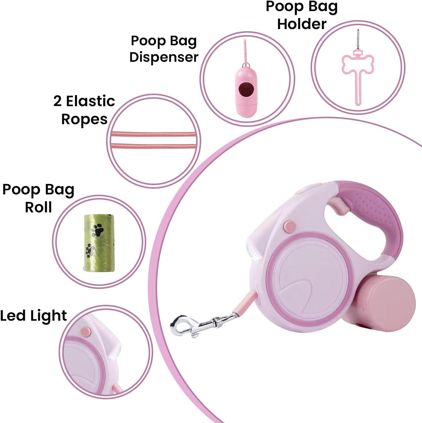 Pink Retractable Dog Leash Set | Leash, LED Light & Poop Bag Dispenser Bundle