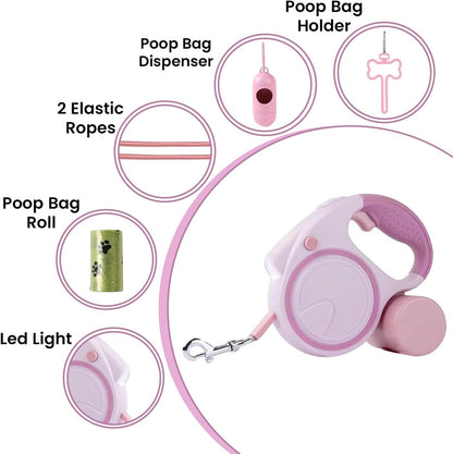 Pink Retractable Dog Leash Set | Leash, LED Light & Poop Bag Dispenser Bundle