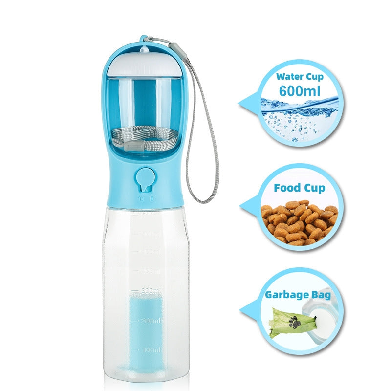 3-in-1 Portable Pet Water Bottle – Food Container, Water Dispenser & Poop Bag Holder