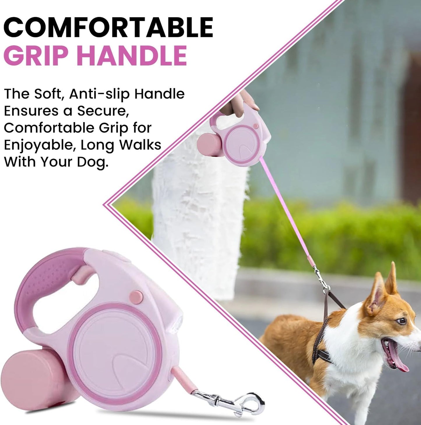 Pink Retractable Dog Leash Set | Leash, LED Light & Poop Bag Dispenser Bundle