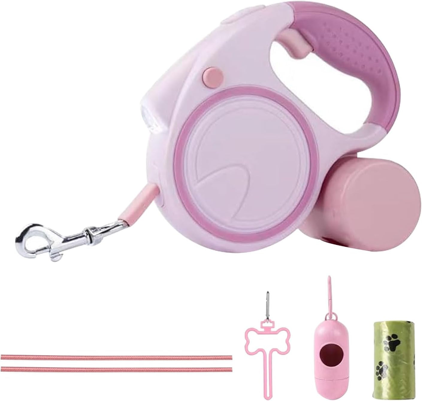Pink Retractable Dog Leash Set | Leash, LED Light & Poop Bag Dispenser Bundle