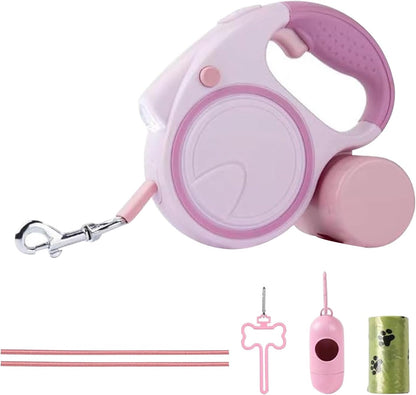Pink Retractable Dog Leash Set | Leash, LED Light & Poop Bag Dispenser Bundle