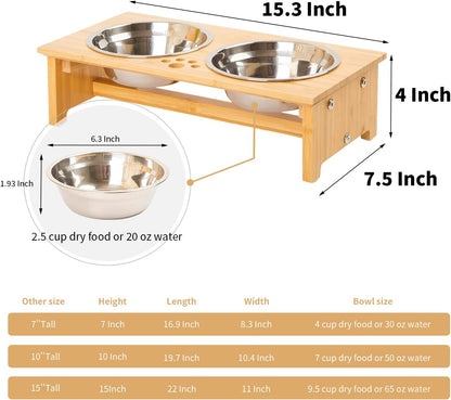 Elevated Pet Bowl Set | Bamboo Feeder Stand with Stainless Steel Bowls