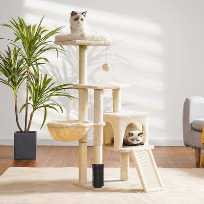 Cat Tree Tower with Grooming Brush | Multi-Level Cat Condo with Plush Perch & Scratching Post