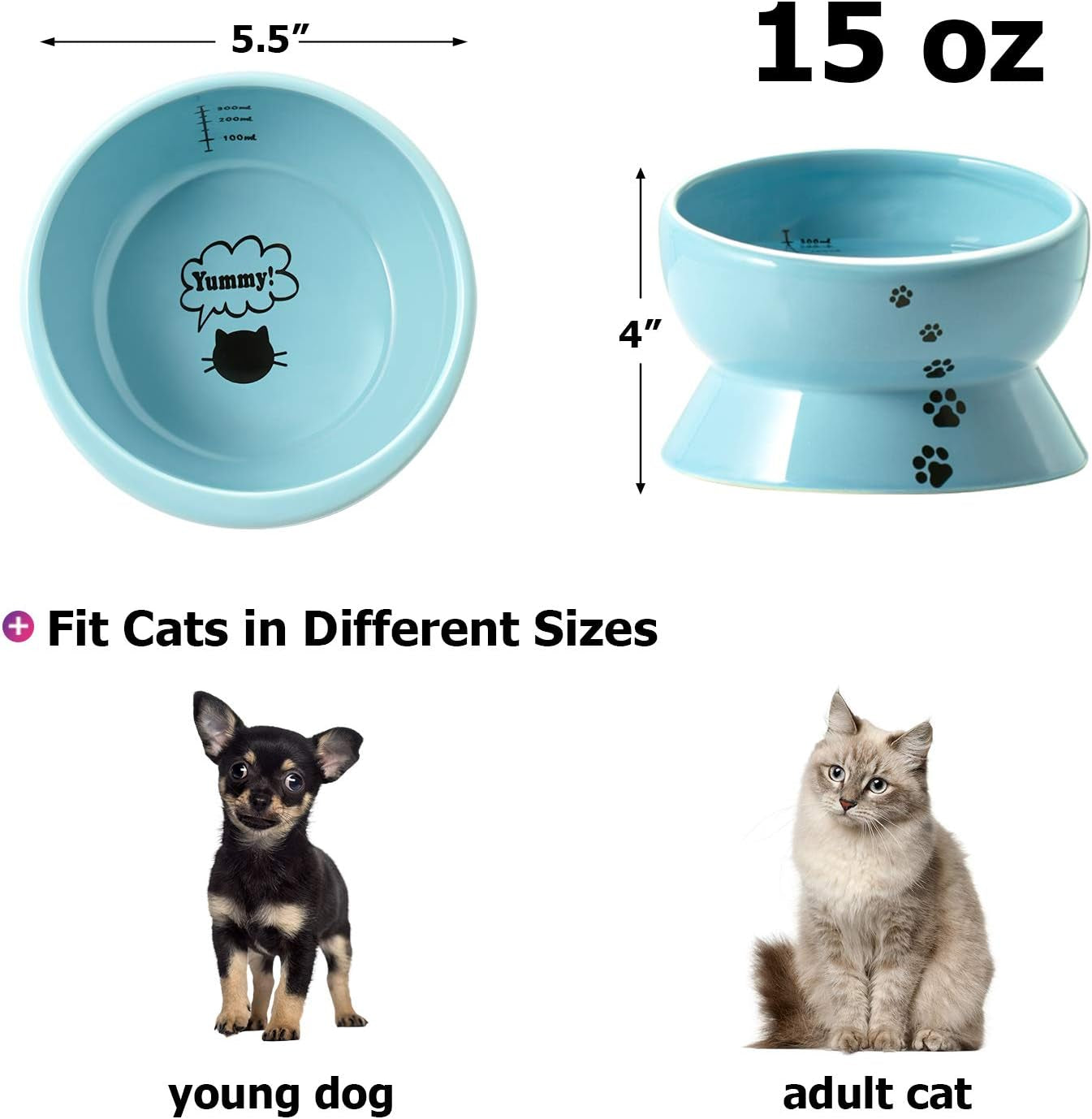 Ceramic Tilted Cat Bowl | 15 oz Elevated Food & Water Bowl