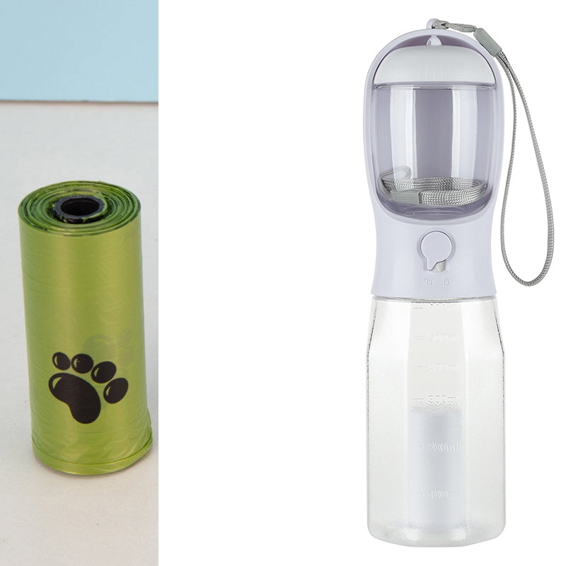 3-in-1 Portable Pet Water Bottle – Food Container, Water Dispenser & Poop Bag Holder