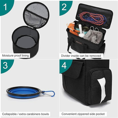 Dog Travel Bag Set | Weekend Travel Organizer with Food Containers & Collapsible Bowls