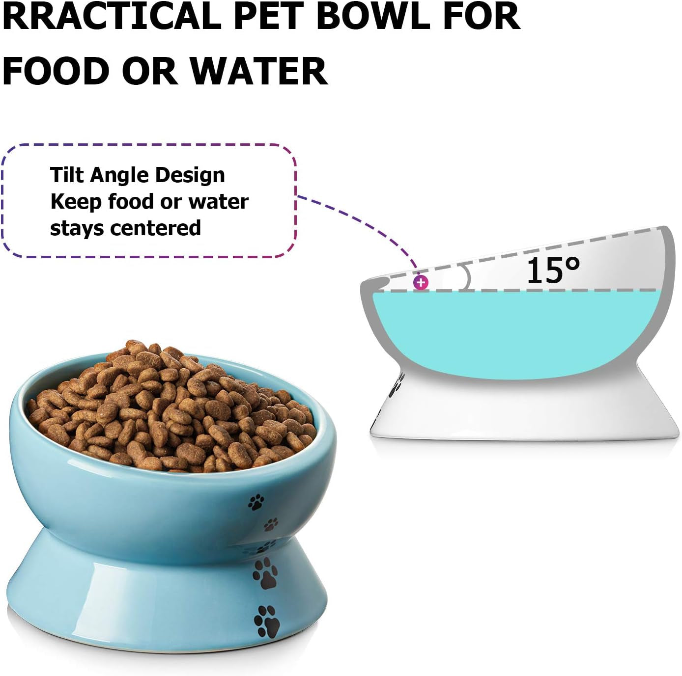 Ceramic Tilted Cat Bowl | 15 oz Elevated Food & Water Bowl