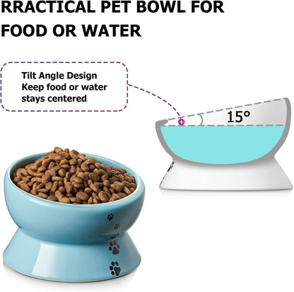 Ceramic Tilted Cat Bowl | 15 oz Elevated Food & Water Bowl