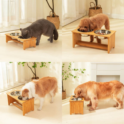 Elevated Pet Bowl Set | Bamboo Feeder Stand with Stainless Steel Bowls