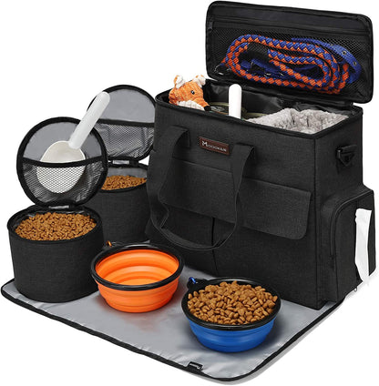 Dog Travel Bag Set | Weekend Travel Organizer with Food Containers & Collapsible Bowls