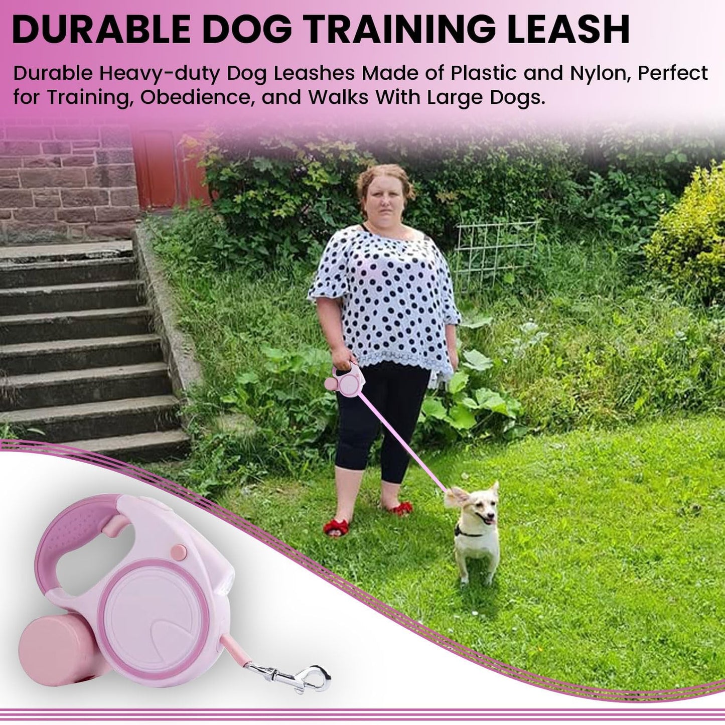 Pink Retractable Dog Leash Set | Leash, LED Light & Poop Bag Dispenser Bundle
