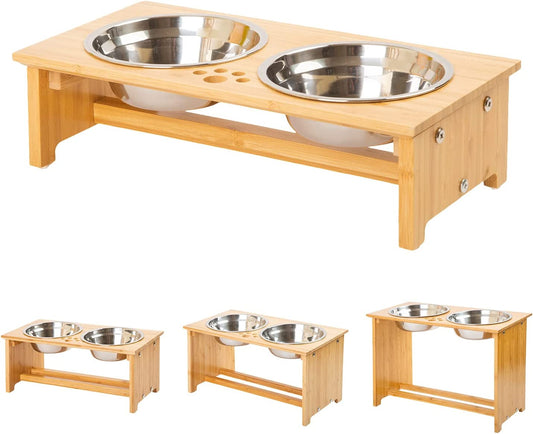 Elevated Pet Bowl Set | Bamboo Feeder Stand with Stainless Steel Bowls