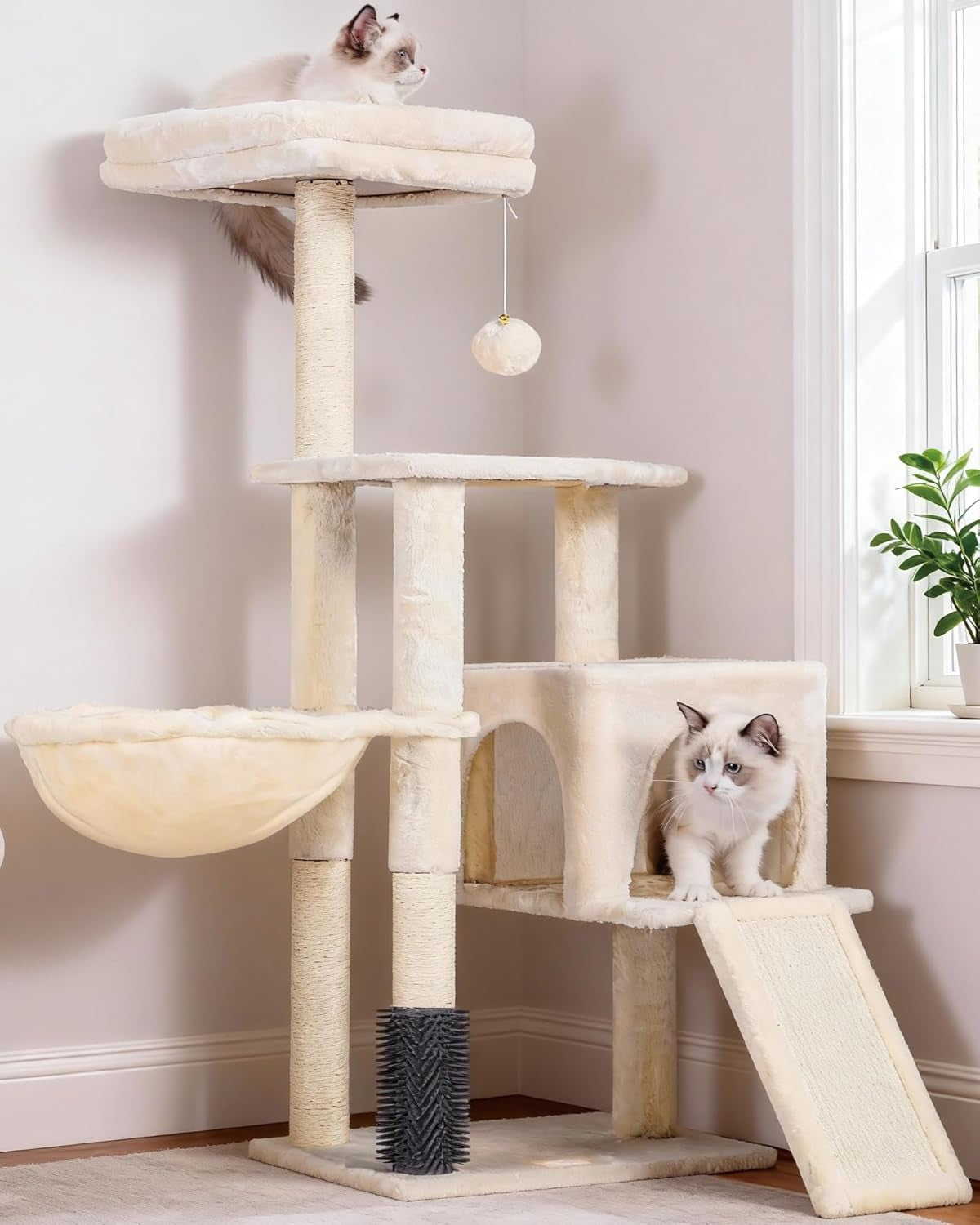 Cat Tree Tower with Grooming Brush | Multi-Level Cat Condo with Plush Perch & Scratching Post