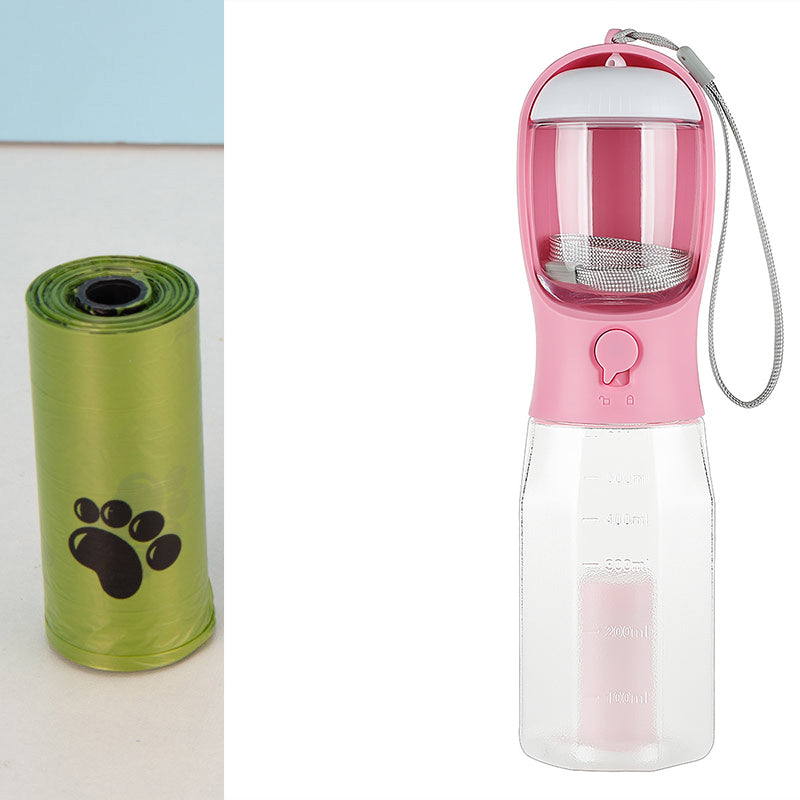 3-in-1 Portable Pet Water Bottle – Food Container, Water Dispenser & Poop Bag Holder