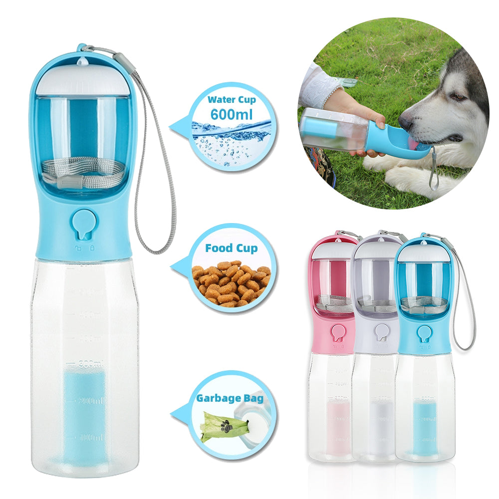3-in-1 Portable Pet Water Bottle – Food Container, Water Dispenser & Poop Bag Holder